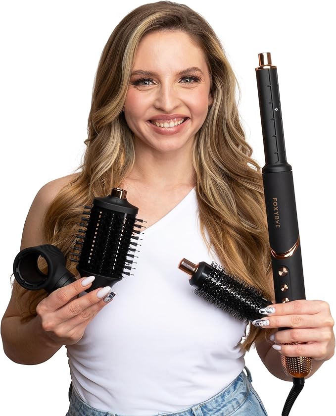 FoxyBae Interchangeable 5-in-1 Super Styler Pro Hair Styling Curling Iron Set - w/Drying Cylinder, Ceramic Blowout & Round Brushes, 2 Auto-Wrap Curlers - for Frizz-Free, Smooth Hair (Black-Rose Gold)