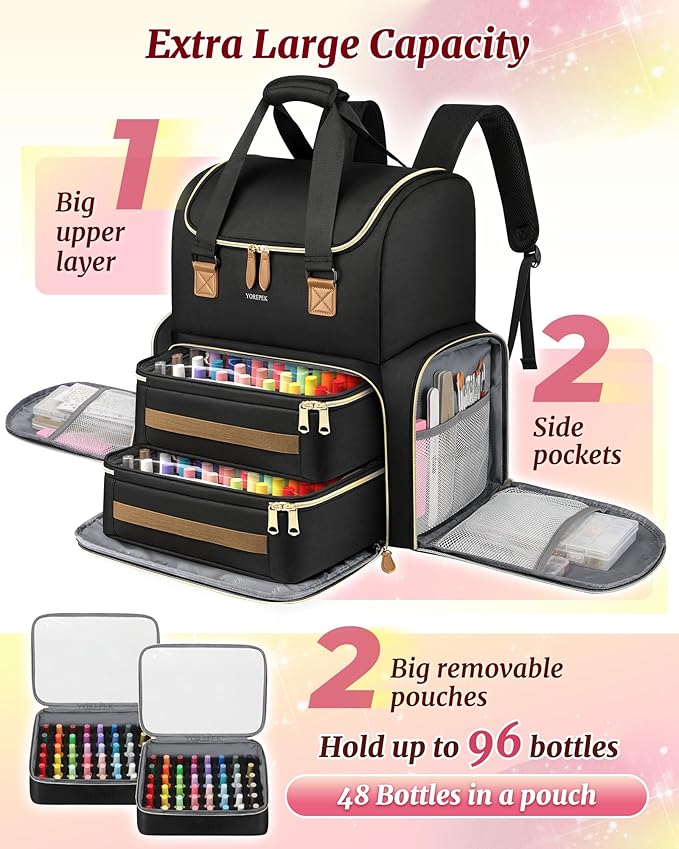 YOREPEK Extra Large Nail Polish Organizer Case Backpack Holds 96 to 100+ Bottles(15ml/0.5 fl.oz) UV Nail Lamp,Nail Organizers and Storage with 2 Removable Pouches Fits Nail Stuff,Gift for Manicurist