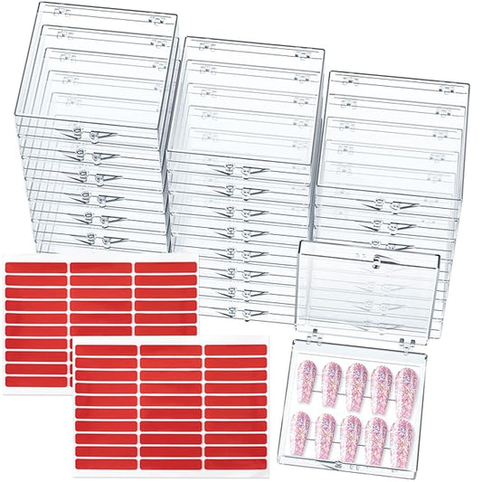 ANCIRS 25 Pack Acrylic False Nail Storage Box for DIY Press-on Nails Holder & 60pcs Double Sided Adhesive Nail Display Tape, Artificial Nail Stand Packaging Organizer Case & Fake Nail Tip Tapes for Nail Art Practice Salon Manicure Craft