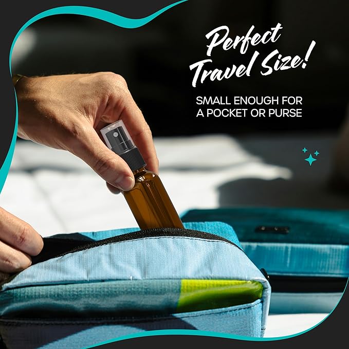 Nevlers 1 Oz Amber Glass Spray Bottles Small 24 Pack | Travel Spray Bottle Set w/Shrink Wrap, Funnel, Brush, Marker, & Labels | Dark Glass Bottles for Oil & Water | Perfume Travel Refillable Bottle