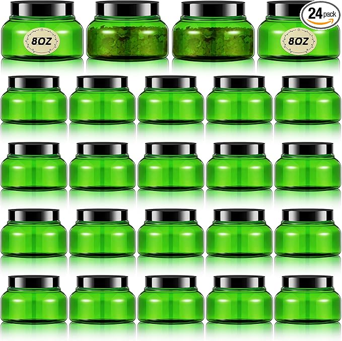 Tessco 24 Pack Plastic Jars with Lids Labels Empty Clear Plastic Jars Round Refillable Cosmetic Containers Body Butter Containers Bulk Sugar Scrub Bottle for Make Up(8 oz,Green, Black)
