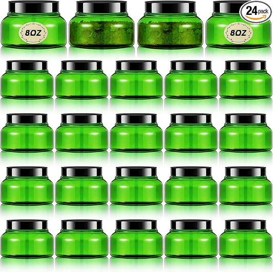 Tessco 24 Pack Plastic Jars with Lids Labels Empty Clear Plastic Jars Round Refillable Cosmetic Containers Body Butter Containers Bulk Sugar Scrub Bottle for Make Up(8 oz,Green, Black)