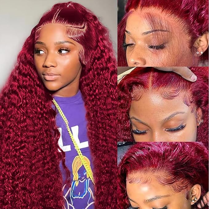 28 Inch 99j Burgundy Deep Wave Lace Front Wigs Human Hair 180% Density 13x4 Lace Front Wigs Human Hair Pre Plucked Wine Red Curly Wet Wavy Wig Human Hair Glueless HD Full Lace Frontal Wigs For Women