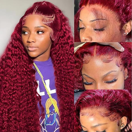 28 Inch 99j Burgundy Deep Wave Lace Front Wigs Human Hair 180% Density 13x4 Lace Front Wigs Human Hair Pre Plucked Wine Red Curly Wet Wavy Wig Human Hair Glueless HD Full Lace Frontal Wigs For Women