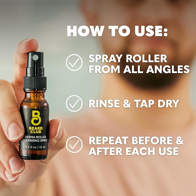 The Beard Club Beard Roller with Cleansing Spray & Replacement Head - 0.3mm Titanium Coated Needles, 3 Count