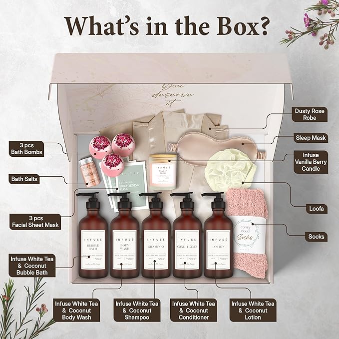 17-Piece Luxury Gift Set with Robe | Complete White Tea & Coconut Bath Collection | Self-Care Kit with Bath Bombs, Face Masks & Hair Care