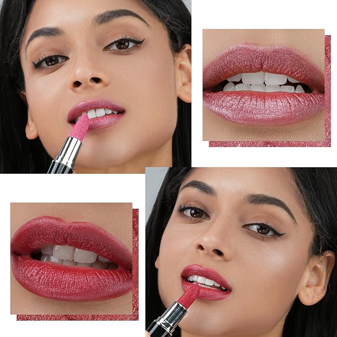 Angicolour 2pcs Glitter Lipstick - Pink & Red, Creamy Moisturizing Formula, Metallic Finish, Vegan & Cruelty-Free, Full-Coverage Lip Color