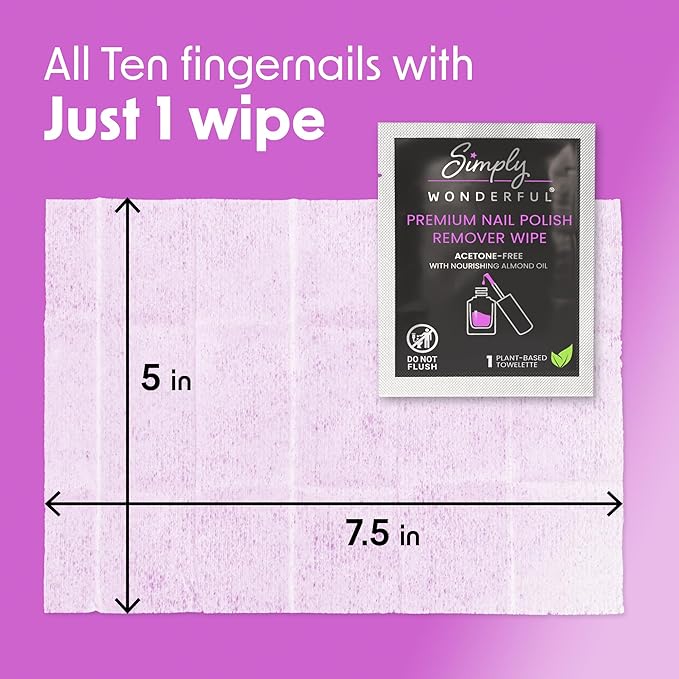 Simply Wonderful Nail Polish Remover Wipes, Acetone-Free, Enriched with Nourishing Almond Oil, Plant-Based Nail Polish Remover Pads, Lint-Free, 20 Individually Wrapped Nail Polish Wipes