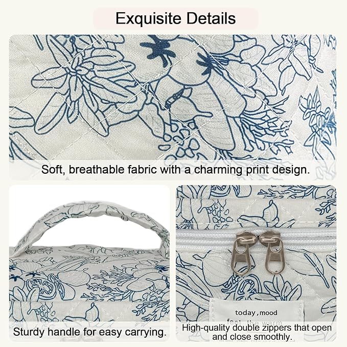 3Pcs Cotton Quilted Makeup Bag for Women Girls, Large Floral Cosmetic Bag Set Cute Makeup Brushes Aesthetic Accessories Storage Bag Flower Travel Toiletry Bag Organizer