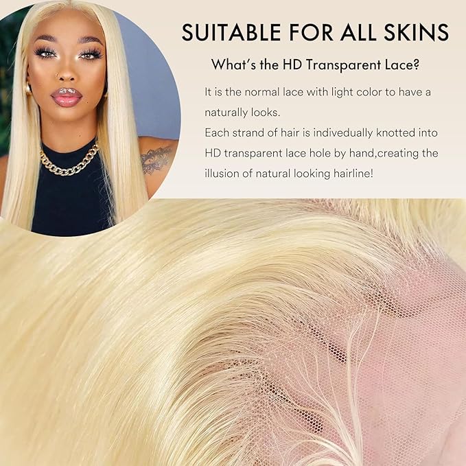 613 Lace Front Wig Human Hair Blonde 13x4 Straight 200% Density Pre-Plucked with Baby Hair HD Lace Frontal Wig for Women Natural Hairline (28 Inch)