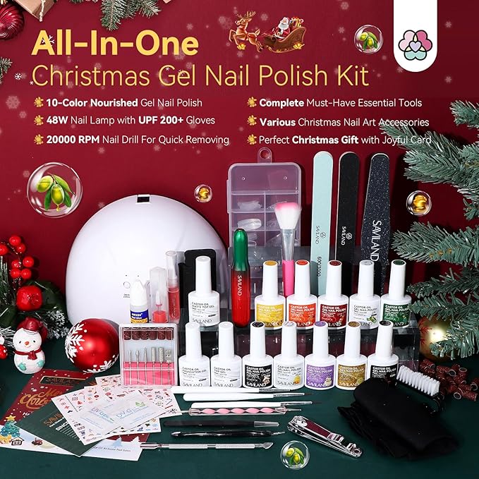 SAVILAND 47pcs Christmas Gel Nail Polish Kit with Electric Nail Drill: 10 Color 48W UV Nail Light UPF 200+ Gloves Base Top Gel Professional Tools Accosseries for Christmas Gift Nail Salon