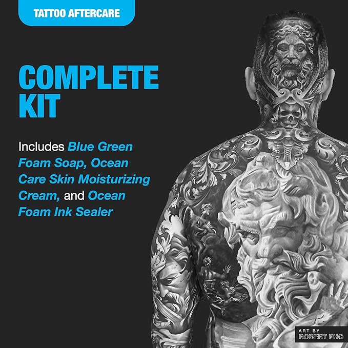 H2Ocean Ultimate Tattoo Care Kit for a Faster Heal - Tattoo Skincare Regimen - 1.7 oz Blue Green Foam Soap, 2.5 oz Ocean Care Skin Moisturizing Cream & 2 oz Ocean Foam Skin Moisturizing Soap