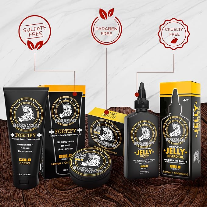 Bossman Essentials Beard Kit for Men - Beard Oil Jelly, Fortifying Conditioner Cream, Beard Balm - Grooming Growth Care Accessories (Gold)