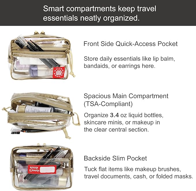 Rough Enough Small TSA Approved Toiletry Bag Clear Makeup Travel Pouch Compact Quart Size For Travel Business Trips Leakproof PVC With YKK Zipper