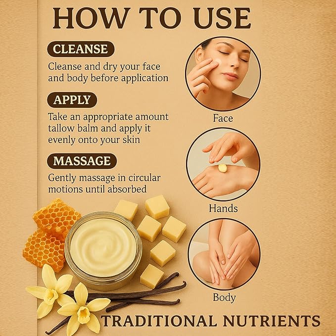 Suet Beef Tallow + Raw Honey Balm for Skin with Vanilla Essential Oil, Natural Grass Fed Tallow Moisturizer for Face and Body (2oz)