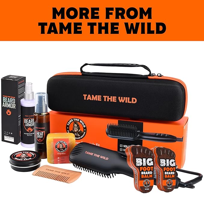 Tame The Wild Pro Beard Grooming Kit for Men - Heated Straightener with 12 Temp Settings, Heat Protector Spray, Soap, Balm, Comb & Travel Case - Gift Set