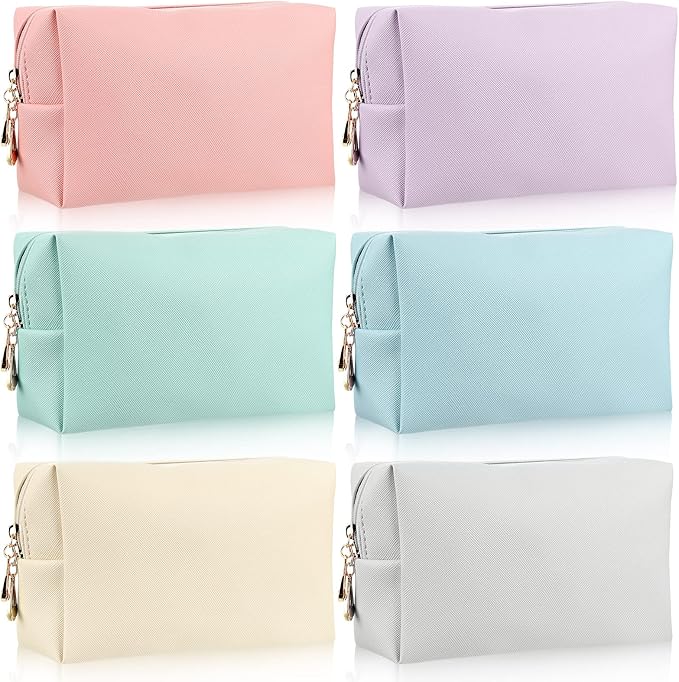 Jexine 6 Pcs Small Preppy Makeup Bag Leather Zipper Cosmetic Bag Water Resistant Versatile Makeup Pouch Travel Cosmetic Organizer Portable Toiletry Bag Daily Storage Beauty Bag for Women Gift