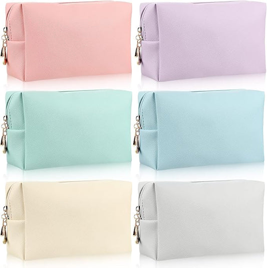 Jexine 6 Pcs Small Preppy Makeup Bag Leather Zipper Cosmetic Bag Water Resistant Versatile Makeup Pouch Travel Cosmetic Organizer Portable Toiletry Bag Daily Storage Beauty Bag for Women Gift