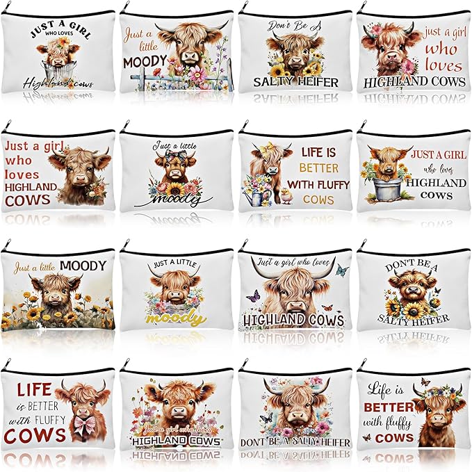 Pinkunn 16 Pcs Canvas Cosmetic Bag Bulk Inspirational Quotes Makeup Bags with Zipper Encouragement Travel Toiletry Pouch Appreciation Gift for Christmas Teacher Birthday Graduation(Highland Cow)