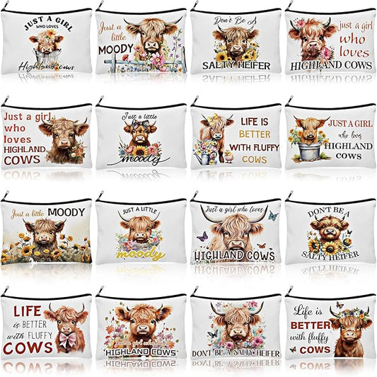 Pinkunn 16 Pcs Canvas Cosmetic Bag Bulk Inspirational Quotes Makeup Bags with Zipper Encouragement Travel Toiletry Pouch Appreciation Gift for Christmas Teacher Birthday Graduation(Highland Cow)