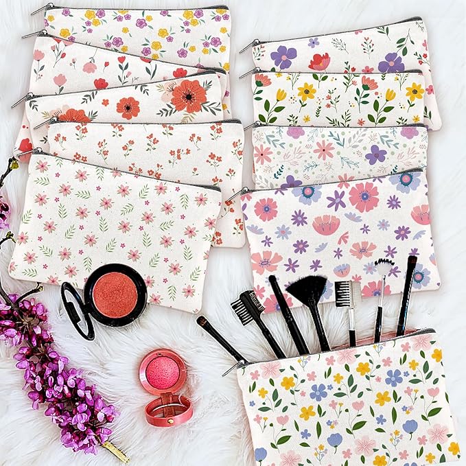 20PCS Flower Canvas Makeup Bags Bulk Floral Cosmetic Bags for Women and Girls Spring Multicolor Travel Pouch Wildflower Canvas Toiletry Bag Bulk Makeup Organizer Bags Group Gifts for Women