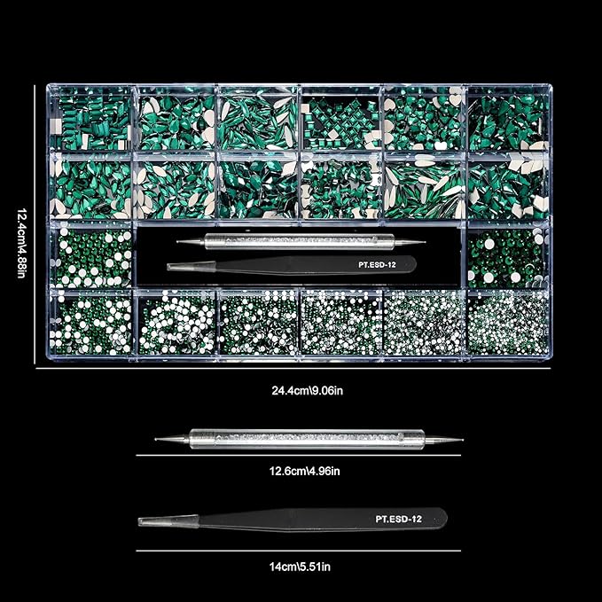 12 Types of Green 600 Diamonds + 2500 Flat Rhinestones Mix 20 Styles Flatback DIY Crafts Rhinestone Crystals 3D Decorations Flat Back Stones Set +Tweezers + Drill Pen