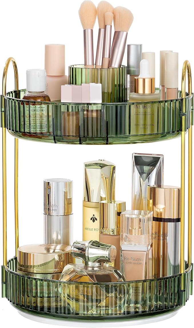 HBlife 360 Rotating Makeup Organizer, 2 Tier Perfume Organizer Skincare Organizer Large Capacity Cosmetic Storage for Bathroom, Vanity, Countertop, Green