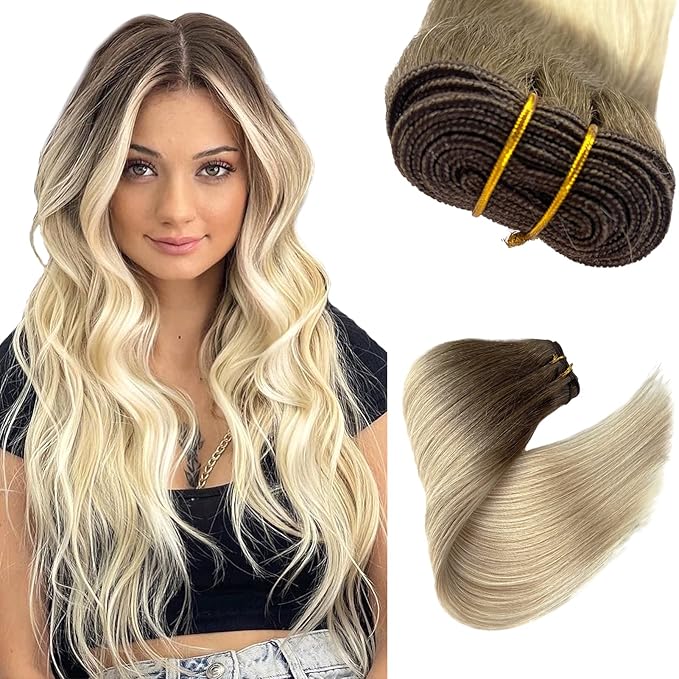 Sew in Hair Extensions Real Human Hair, 20 Inch 100G Weft Hair Extensions Human Hair Ombre Ash Brown to Blonde Hand Tied Weft Hair Extensions Real Human Hair Sew in Bundles for Women