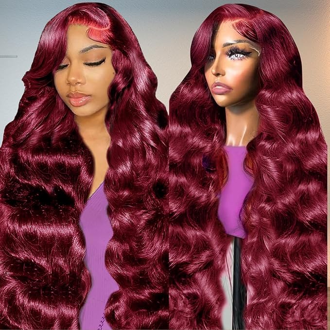 99j Burgundy Lace Front Wigs Human Hair Wine Red Colored body wave 13x6 HD Lace Frontal Wigs Human Hair Pre Plucked with Baby Hair 180 Density Glueless Wigs Human Hair Wigs for Black Women 32 Inch