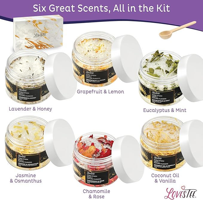 Mother's Day Epsom Salt Spa Gift Set of 6 Bath Salts - Coconut Vanilla, Jasmine Osmanthus, Eucalyptus Mint, Lavender Honey, Chamomile Rose, Grapefruit Lemon for Bath Gift Set for Women Baskets