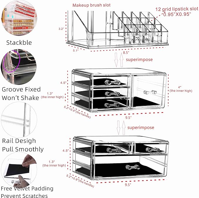 Cq acrylic 3 Pack Clear Makeup Organizer Countertop,Stackable 7 Drawers Skincare Organizer,Cute Skin Care Organizer for Vanity Hair Clip,Jewelry,Beauty Product Desk and Make Up Organizers for Vanity