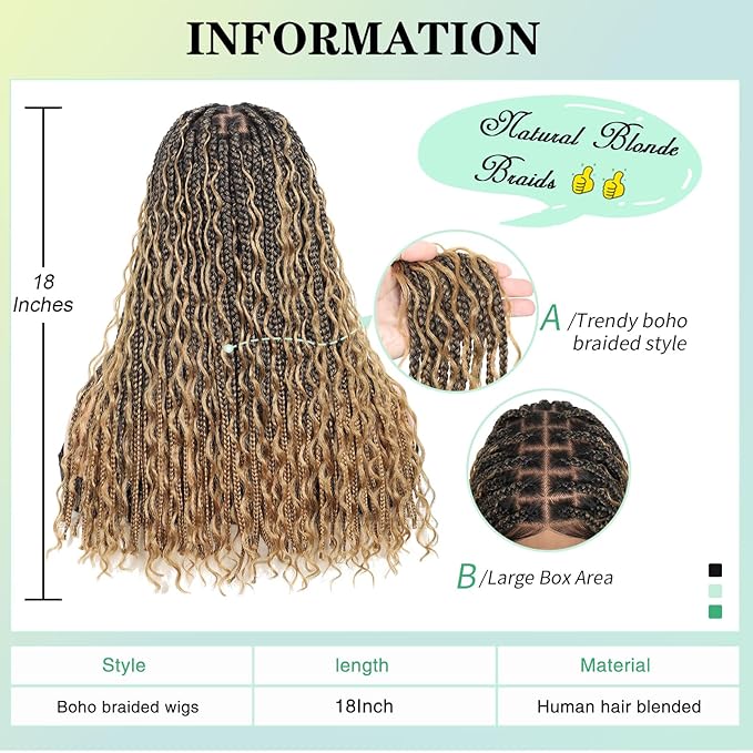 18" 13x8 Inch HD Lace Front Boho Box Braided Wigs With Cruls Ends Short Knotless Box Braid Wig for Women Full Braided Lace Front Wig With Baby Hair Blonde Natural Color
