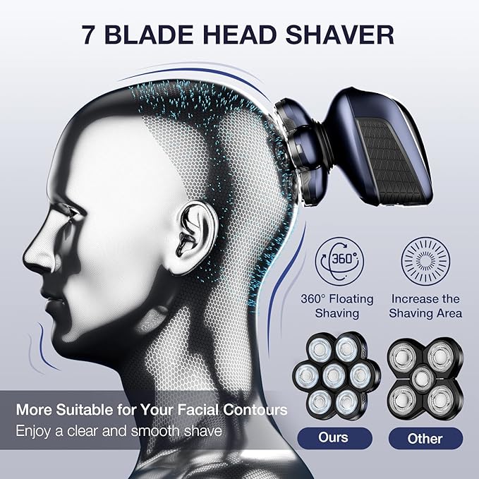 Head Shaver 7D, Wyklaus Upgrade Head Shavers for Bald Men, Head Electric Razor with Nose Hair Trimmer, IPX6 Waterproof Wet/Dry Mens Grooming Kit, Anti-Pinch, LED Display, USB Rechargeable