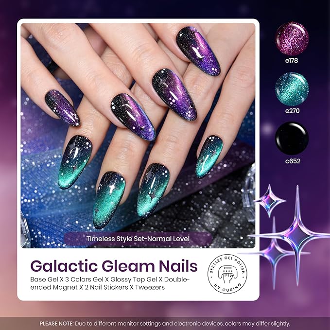 Beetles Gift Gel Nail Polish Set, Cat Eye Black Gel Polish Brilliant Galaxy Nail with Base & Top Coat, Star Stickers, Magnet, Tweezers DIY Series Color Nail Trend Set Manicure