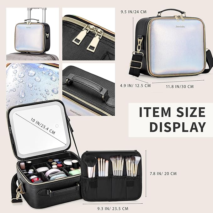 Travel Makeup Bag with Light Up Mirror, Cosmetic Artist Organizer Case with LED Mirror, Travel Makeup Case for Cosmetic Brush Holder Storage, Toiletry Case for Women Gift