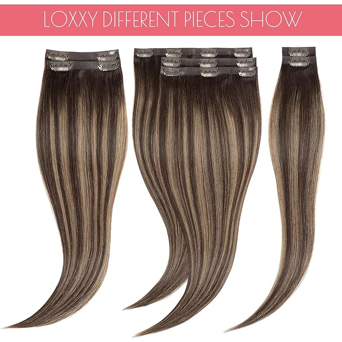Loxxy Seamless Extensions Clip in Human Hair Ombre Dark Brown Fading to Chestnut Brown and Dark Brown Natural Remy Hair Extensions Clip in Human Hair With PU Weft Invisible 7PCS 110G 14Inch