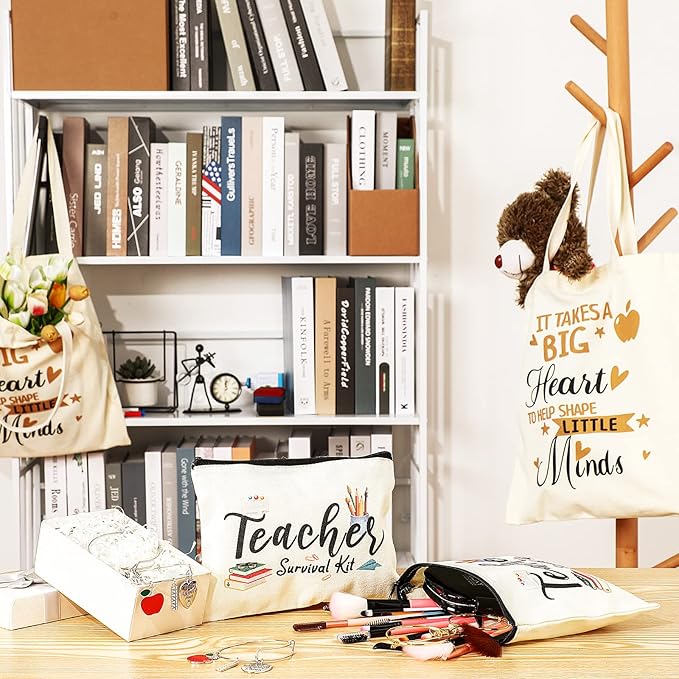 9 Pcs Teacher Appreciation Gifts Sets Teacher Makeup Pouch Cosmetic Bag Teacher Tote Bag Bulk Canvas Teacher Bangle Bracelet Teacher's Day Birthday Graduation Back to School Gift for Teacher