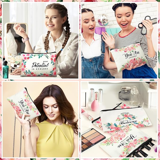 Pinkunn 16 Pcs Canvas Cosmetic Bag Bulk Inspirational Quotes Makeup Bags with Zipper Encouragement Travel Toiletry Pouch Appreciation Gift for Christmas Teacher Birthday Graduation(Flower)