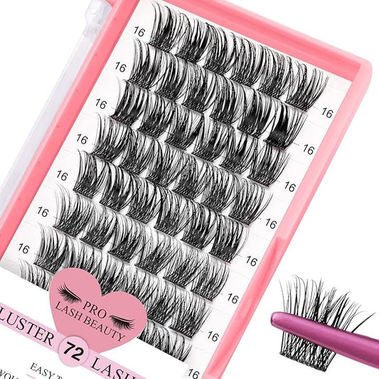 Cluster Lashes 72 Pcs DIY Eyelash Extension Individual Lashes D-16mm Thin Band Easy to Apply at Home (First Glance, D-16mm)