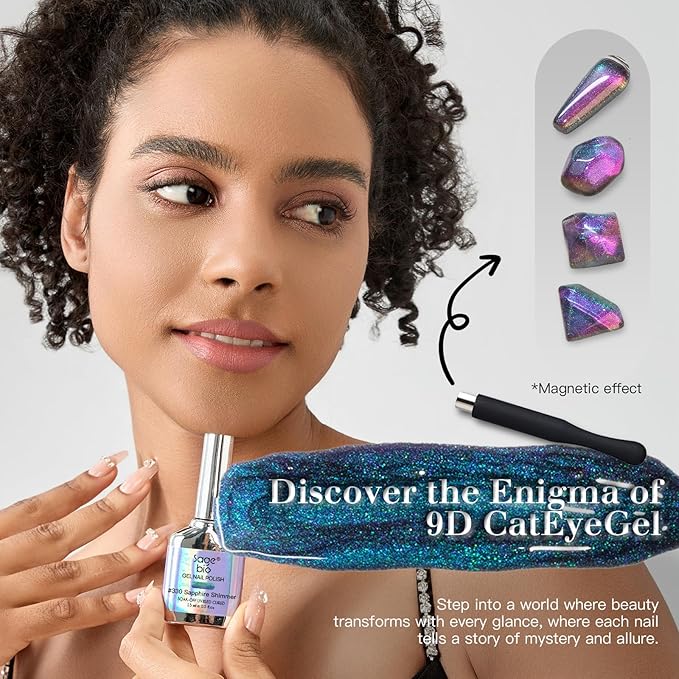 9D Cat Eye Gel Nail Polish Set, 15ml Black Gel + 15ml Sapphire Shimmer Cat Eye Gel, Includes Silicone Handle Cylinder Magnetic Stick for Mesmerizing 9D Effects