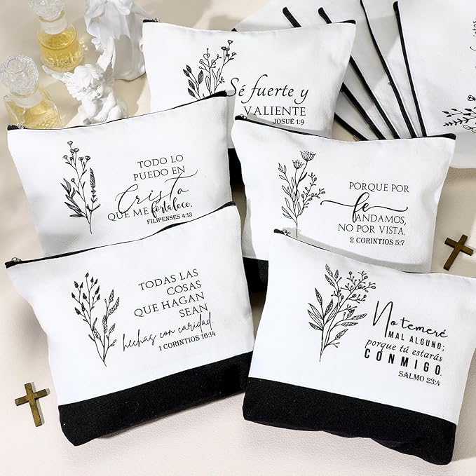 10Pcs Christian Gifts for Women Religious Cosmetic Bags Inspirational Bible Verse Pencil Pouch Canvas Makeup Bags Bulk with Zipper for Mother Sister Church Favors