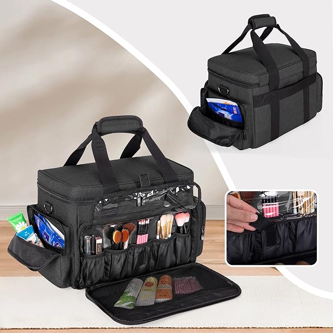 BAFASO Large Makeup Bag with 2 Removable Pouches and Detachable Dividers, Multifunctional Cosmetic Bag to Keep Makeup and Hair Supplies (Patent Pending), Black