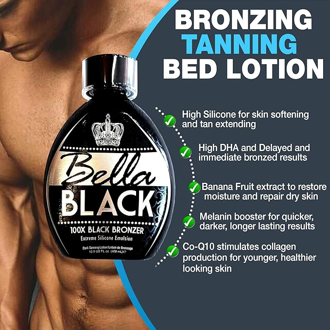 Bella Black 100X Bronzer Tanning Lotion – Premium Tanning Bed Lotion with Extreme Silicone Emulsion and Banana Fruit Extract – Instant Results – Dark Tanning Lotion for Indoor Tanning Beds - 13.5oz