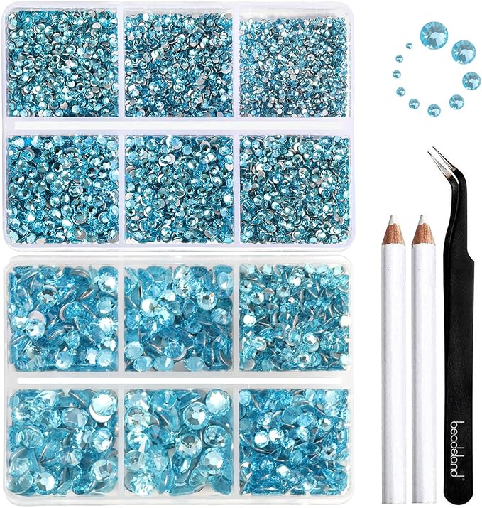 Beadsland 8300PCS Flatback Rhinestones, Blue Rhinestone Round Crystal Rhinestones for Crafts, Mixed 10 Sizes with Wax Pencil and Tweezer Kit, SS3-SS30, Aquamarine