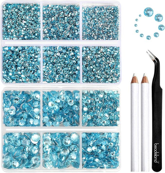 Beadsland 8300PCS Flatback Rhinestones, Blue Rhinestone Round Crystal Rhinestones for Crafts, Mixed 10 Sizes with Wax Pencil and Tweezer Kit, SS3-SS30, Aquamarine