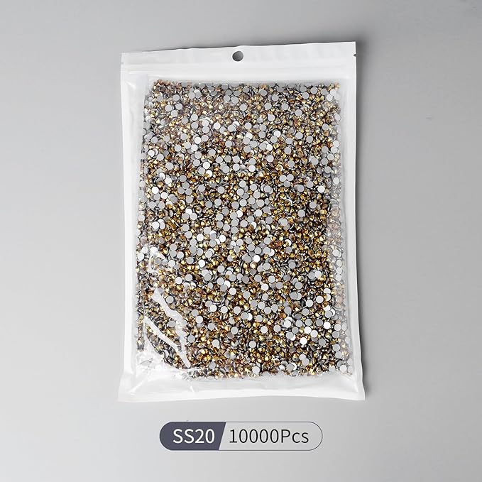 10000PCS Gold Rhinestones Bulk, Flat Back Crystal Glass Stone Round Gems,SS20, 4.6-4.8mm