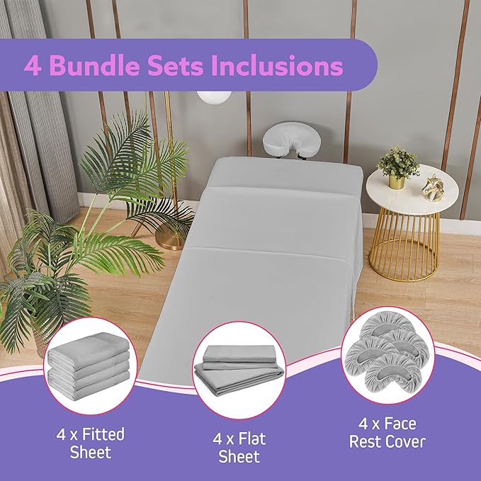 Massage Table Sheets Sets – 4 Set Bundle, 120GSM Double Brushed Microfiber, Premium Massage Sheets Sets, Spa Bed Sheets for Esthetician, Wrinkle & Oil Resistant, Light Gray