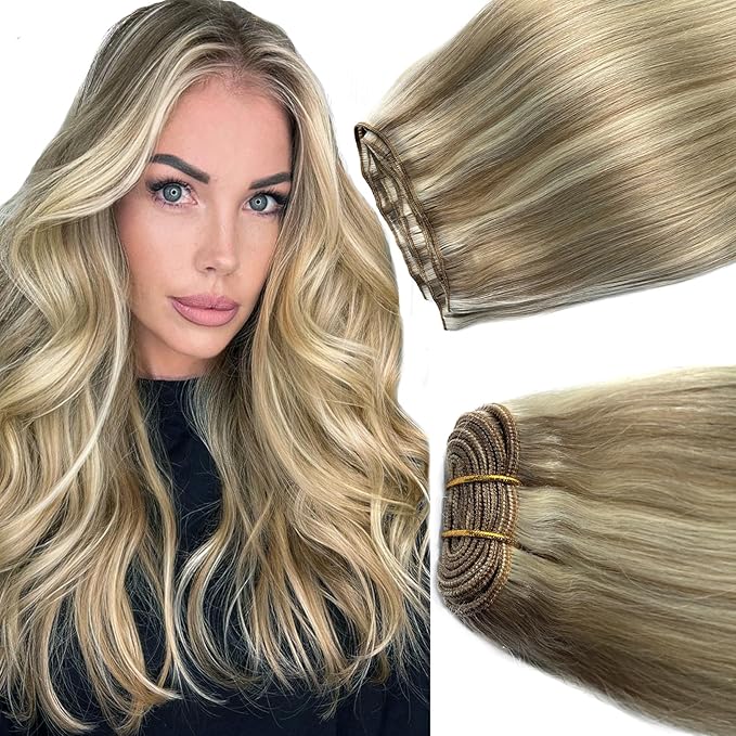 Sew in Hair Extensions Real Human Hair 24 Inch Hand Tied Weft Hair Extensions Human Hair Wefts 120G Ash Blonde Balayage Blonde Hair Extensions Real Human Hair Weave Bundles Sew in Weft Extensions