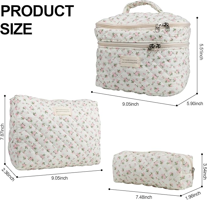 Dual Layer Cute Makeup Bag for Women(3 Pcs), Quilted Floral Coquette Aesthetic Make up Bags, Travel Cosmetic Bags Toiletry Organizer Bag(Pink Rose)