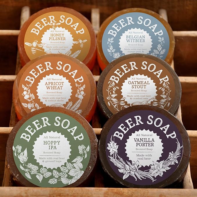 BEER SOAP 6-PACK - All Natural + Made in USA - Actually Smells Good! Perfect Craft Beer Gift Set for Beer Lovers, Guy Gift, Man Cave Gift, Drinking Gift
